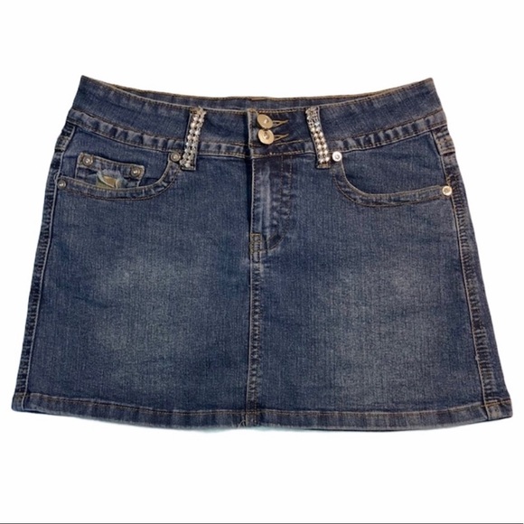 Ripped Jean Army Women’s Mini Skirt with Faux Diamond Studs Size 5 (fits small) - Picture 3 of 9